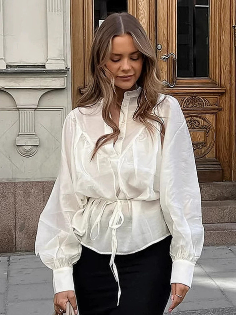Forever 21 Spring Stand Collar Long Sleeve Tie Waist Blouse Office Mid Length